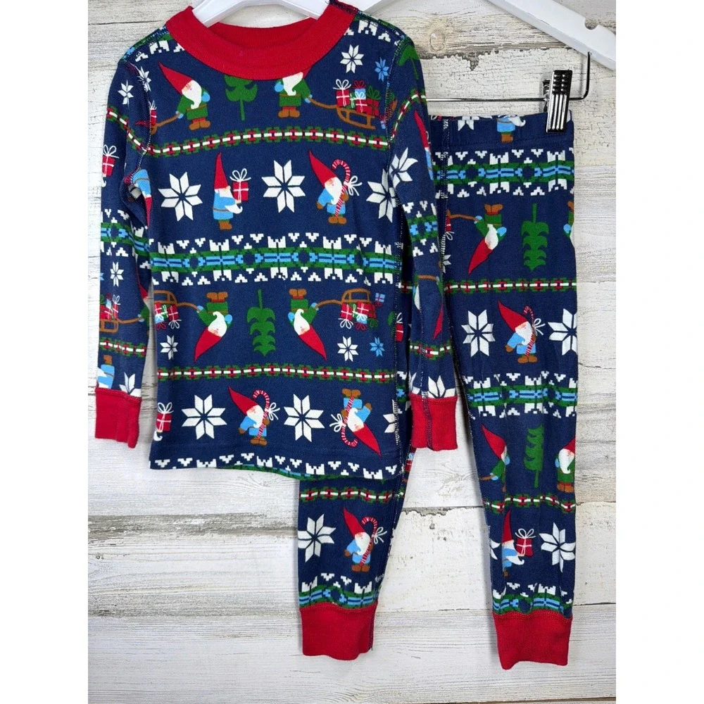 Hanna Andersson Pajamas Boys 3T Blue Gnome Fair Isle Organic Cotton Holiday EUC
